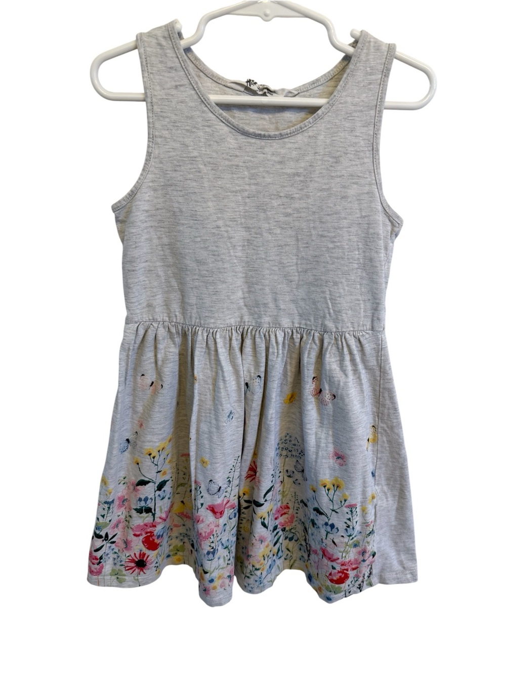 ✨5/$25 H&M Light Gray Girls Tank Dress with Floral Hem, Size 7-8Y